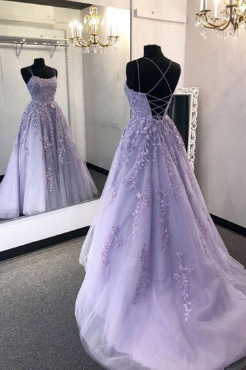 SPAGHETTI STRAPS SWEETHEART EVENING DRESS TULLE FLORAL APPLIQUES BACKLESS PROM DRESS HZ1023